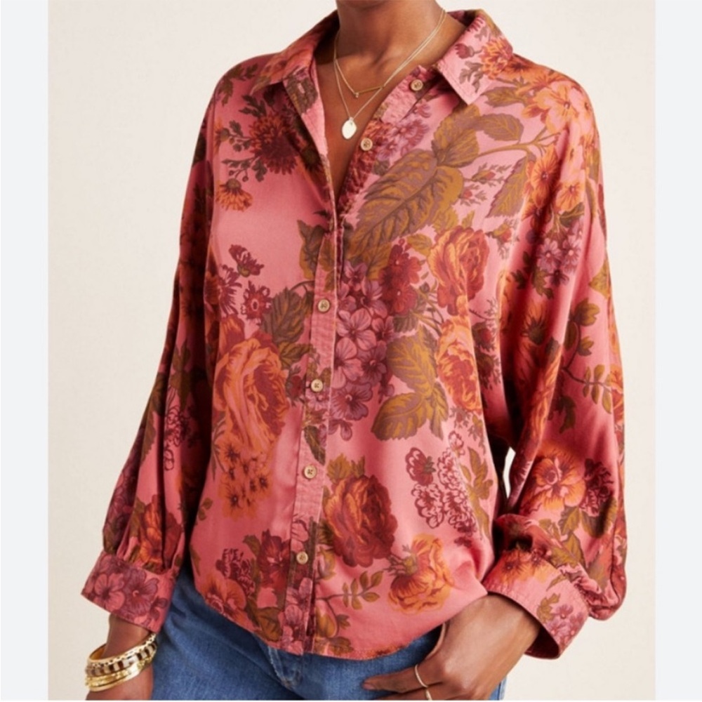 ANTHROPOLOGIE Halie Dolman-Sleeve Button Down Collared Floral Top - Picture 6 of 14
